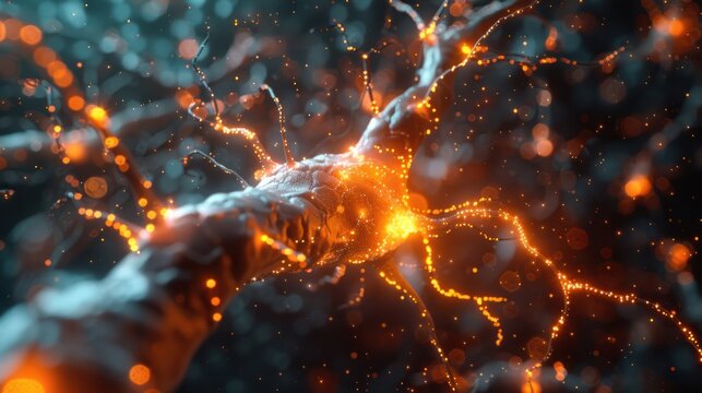 A close-up view of a neuron, glowing with electrical impulses and surrounded by a network of synapses, illustrating the complexity of the human brain and neural connections, AI-generated - Powered by Adobe
