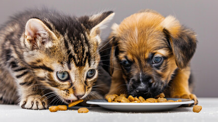 Obraz premium A close-up of a kitten and puppy eating side by side on an isolated solid background, in the corner of the image