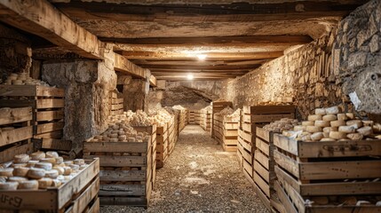 Rows of crates packed with Camembert cheese, ready for export, in a traditional cheese cellar with stone walls and wooden beams