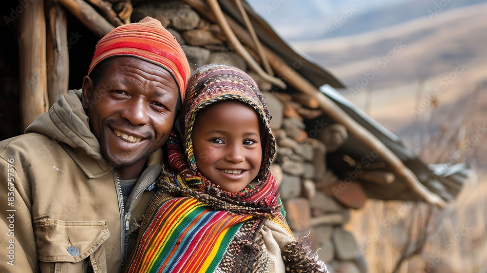 Wall mural Basotho family. Lesotho. Families of the World. A warm portrait of a smiling man and child in traditional clothing against a rustic background.. #fotw