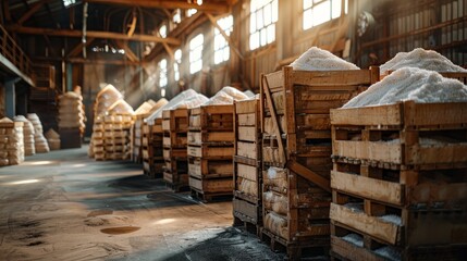 Packed wooden crates filled with rice sacks stacked in a warehouse, industrial setting with soft sunlight filtering through windows