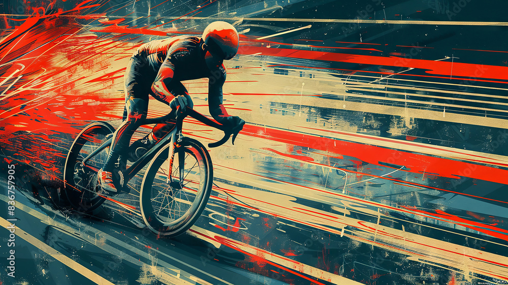 Wall mural Dynamic cyclist racing with a vibrant, abstract background