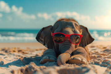 Elephant with sunglasses on the beach. AI generative art