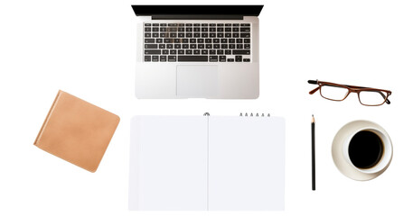 set of a beautiful overhead view of office desk, with an open notebook with blank pages as the main focus, surrounded by sleek MacBook Pro and various office supplies on a transparent background