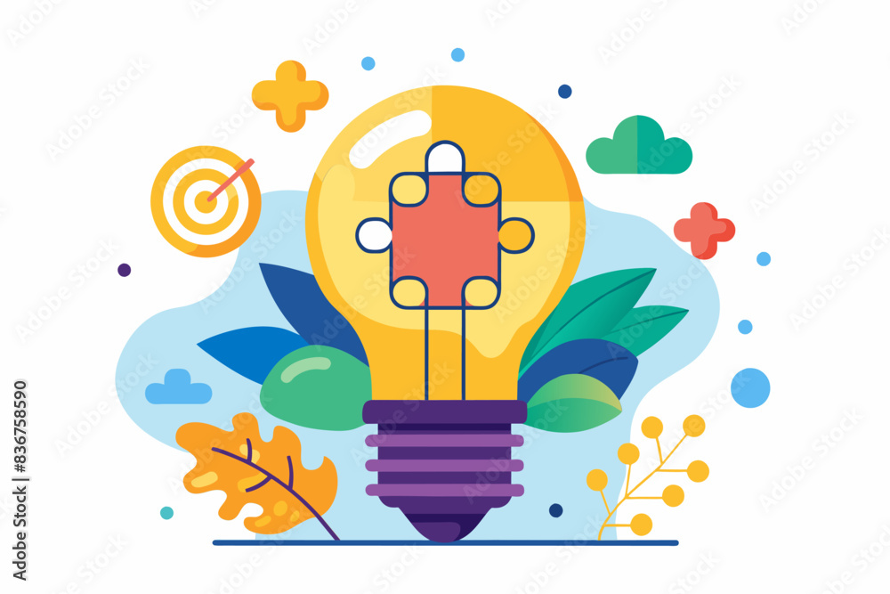 Poster a light bulb with puzzle pieces in it, playful vector artworklightbulb with a puzzle piece inside, s