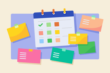 a calendar with sticky notes and a pen, Playful vector artwork colorful sticky notes with reminders and meeting schedules in clean layout
