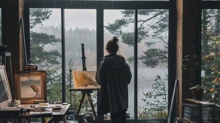 Artist painting in a studio with large windows, inspired by the rainy landscape outside, capturing the changing light and colors.