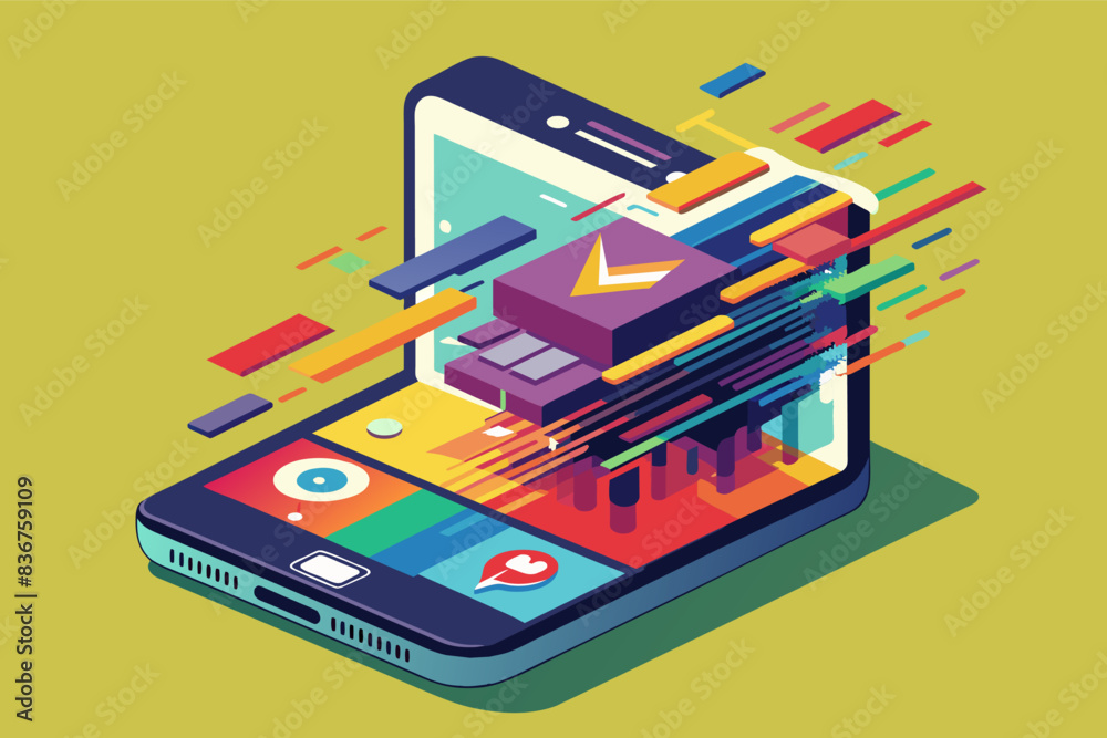Leinwandbilder a phone with various apps and devices on it, Glitch smartphone displaying a distorted versiona popular social media app interface