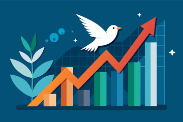 a bird flying over a bar chart with a bird on it, Dynamic vector artworkline graph trending upwards with a dove, symbolizing positive impact and peace