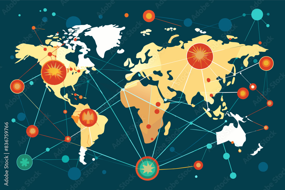 Poster a map with many different types of dots, Detailed vector designpresentation slide showcasing pie chart with vibrant colors representing departments or projects