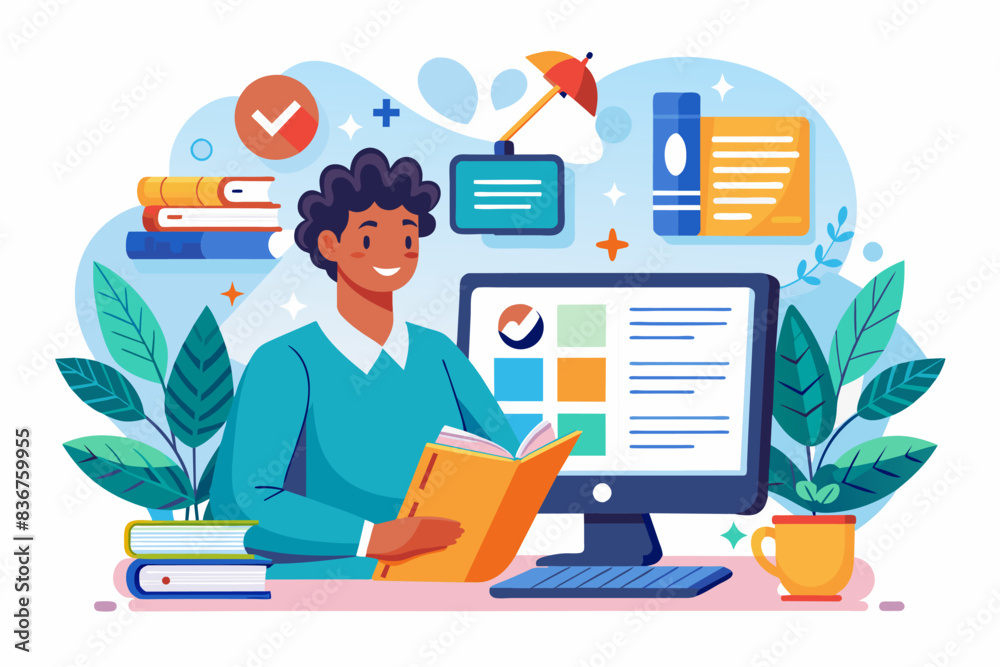 Leinwandbilder a man sitting at a desk with a book and a computer, completing lesson online course vector significa