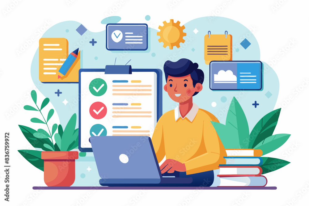Leinwandbilder a man sitting at a desk with a book and a computer, completing lesson online course vector significa