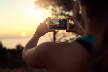 Man, hands and phone for picture in nature at sunset, vacation with memory of horizon. Mobile...