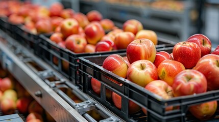 Packed crates of apples with shipping labels, sitting on a conveyor belt in a distribution center