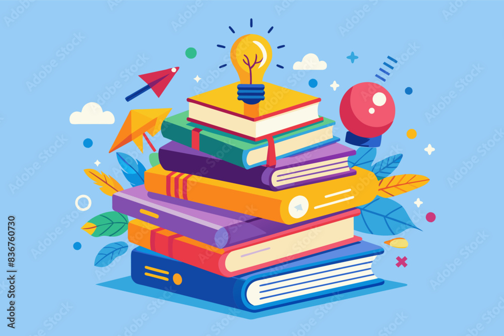 Poster a pile of books with a light bulb on top, a pile of books with a light bulb on top, playful vector i
