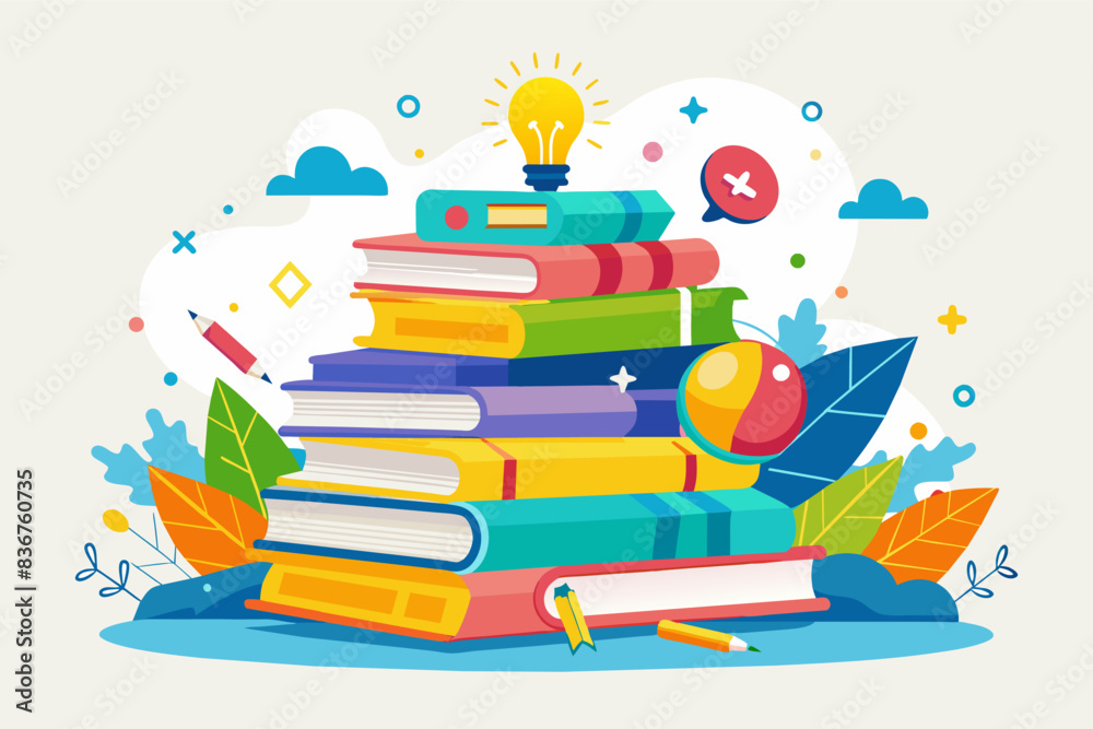 Poster a pile of books with a light bulb on top, a pile of books with a light bulb on top, playful vector i