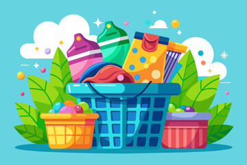 a basket full of toys and other items, a basket full of toys and other items, playful vector Illustration stackcolorful laundry baskets overflowing with freshly washed clothes