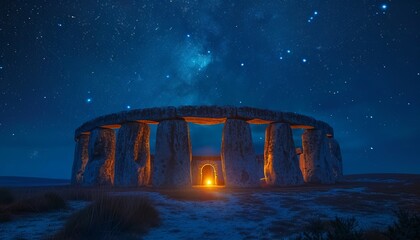 A stunning night view of Stonehenge, with stars illuminating the sky and a warm glow from the structure's heart.