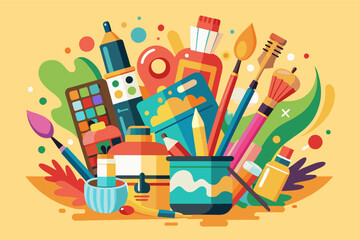 a poster with a bunch of art supplies, a bunch of art supplies and paint brushes, playful vector Illustration collection musical instruments, arranged in a harmonious composition