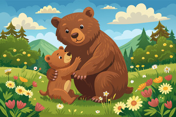 Fototapeta premium a bear and a bear cub in a field of flowers, a bear and a bear cub hugging in a field, a bear and a bear cub hugging in a field, playful brown bear cub wrestling with its sibling.