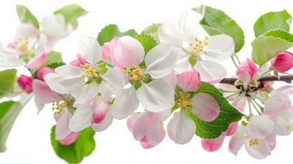 Obraz premium Beautiful close-up of apple blossoms with delicate white and pink petals, fresh green leaves, and yellow stamens on a white background.