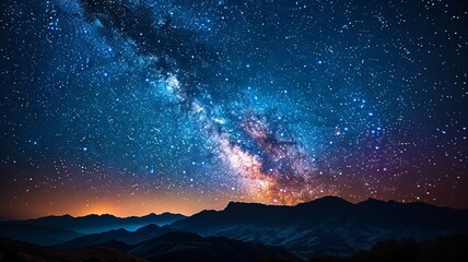 Fototapeta premium Beautiful night sky with the Milky Way galaxy visible, stars shining brightly over mountains silhouette, showcasing serene natural nightscape.