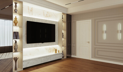 Interior design of a modern apartment. 3D visualization of the interior. Light colors in the interior. Modern style in the interior.