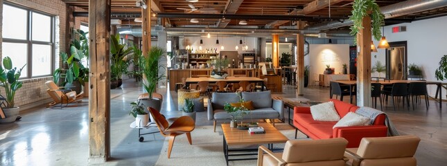 A bustling, tech-savvy co-working space in a repurposed industrial building generated by AI