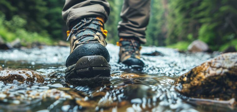 Close up of feets with hiking shoes from a man or woman walking in the river. Travel and hiking in the mountains concept.
