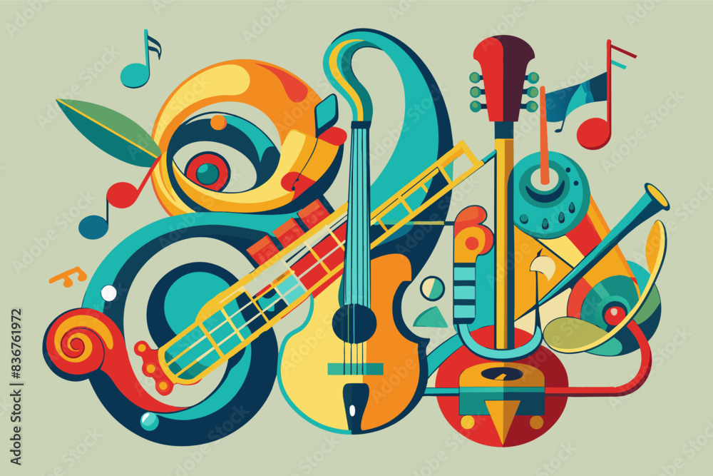 Poster a colorful musical instrument with music notes, musical note with different instruments forming its 