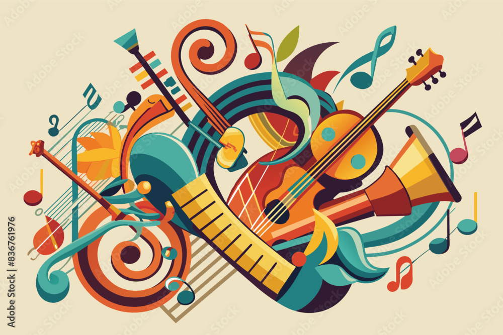 Poster a colorful musical instrument with music notes, musical note with different instruments forming its structure, showcasing the beautymusic
