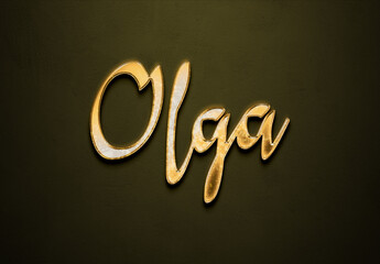 Old gold text effect of name Olga with 3D glossy style Mockup.