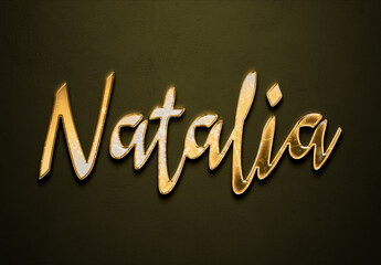 Old gold text effect of name Natalia with 3D glossy style Mockup.