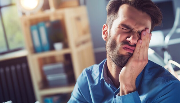 Man in blue shirt experiencing jaw pain. Concept for dental issues and discomfort
