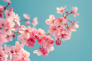 Cluster of cherry blossom flowers against a clear blue sky background. Vibrant floral contrast