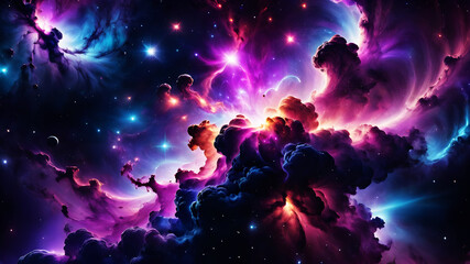 Fototapeta premium Generate an abstract background that resembles a mystical nebula in space. Use a rich palette of deep purples, blues, and blacks, with sparkling stars and swirling clouds of color. The overall effect 