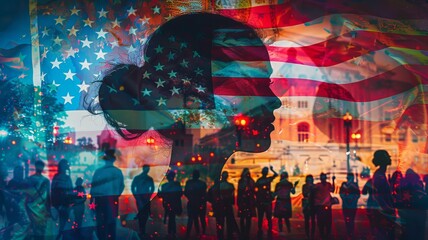 Collage image of a woman's silhouette against the USA flag and a group of people, signifying unity and patriotism in an artistic manner.