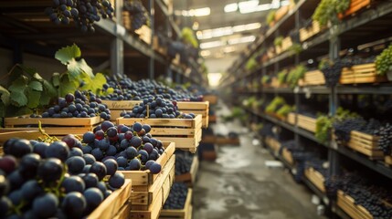 Industrial warehouse with crates of grapes lined up, showcasing the scale of the harvest ready for shipment