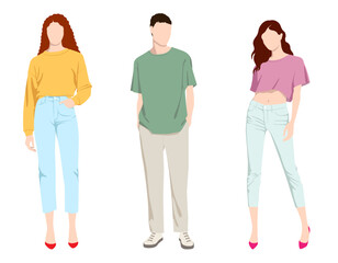 1492_Vector fashion illustration of two young beautiful women and young man