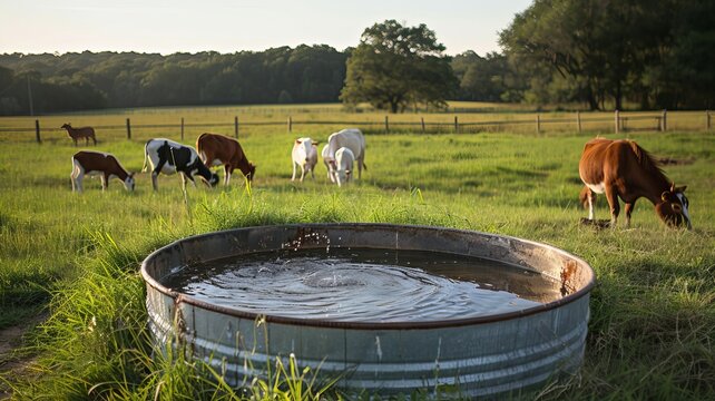 Cows grazing in a lush green pasture near a metal water trough on a sunny day with a scenic backdrop of trees and fields.