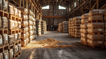 Industrial storage facility with rows of wooden crates and bales of rice labeled for export