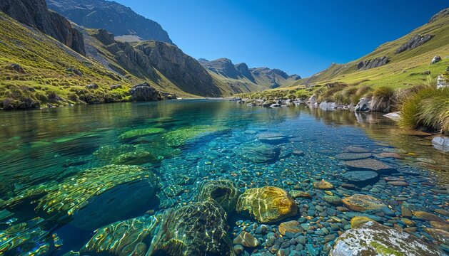 Crystal clear mountain lake with vibrant blue water surrounded by lush green hills under a bright blue sky.