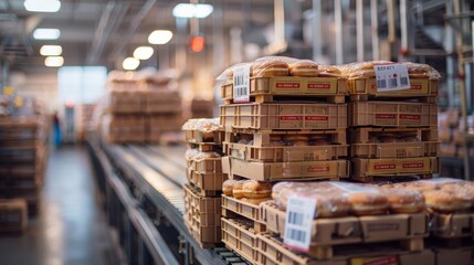 Fototapeta premium Industrial setting with stacked crates of donuts, barcodes visible, ready for loading onto a truck