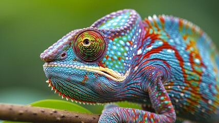 Obraz premium Close-up of a colorful chameleon with vibrant and intricate patterns displaying its unique and striking beauty against a green blurred background.