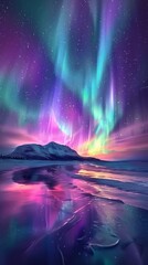 Obraz premium A serene digital artwork featuring a starry night sky under the captivating display of northern lights. The colorful waves of light create a mesmerizing, ethereal atmosphere, casting their glow over