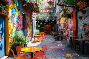 A vibrant, street art-covered alleyway in a trendy urban neighborhood generated by AI
