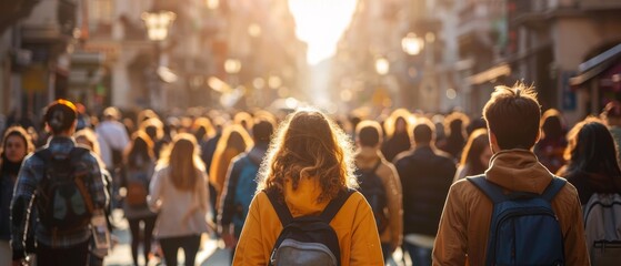 Obraz premium a crowd of people walking on a city street towards work or school