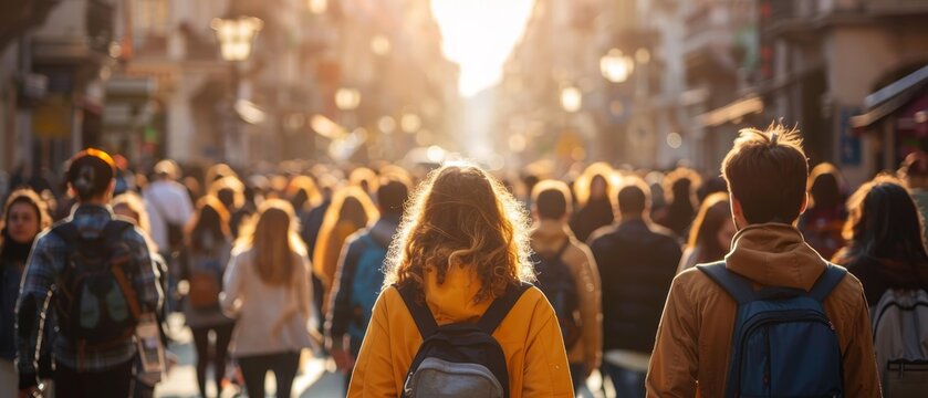 a crowd of people walking on a city street towards work or school
