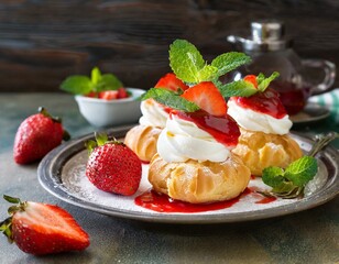 Windbeutel mit frischen Erdbeeren, Erdbeersoße, Sahne und Minze