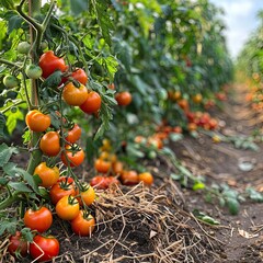 Bountiful Tomato Plants in an Open Field Featuring a Vibrant Mix of Yellow-Orange and Bright Red Fruits with Neatly Bunded Roots and Brown Mulch